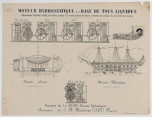 צילום היסטורי -פינדס: תכנון למנוע הידרוסטטי, J.B. Metivier, 1867, תחבורה, מנועים, אוניות
