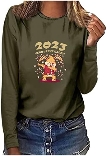 שנה טובה 2023 חולצות שרוול ארוך לנשים, נערות נוער אופנה מזדמנת חולצת טריקו חולצת טיז חולצה חולצה חולצה