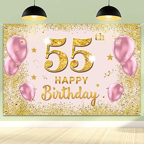 פאקבוום באנר רקע יום הולדת 55 שמח-55 אספקת קישוטים למסיבת יום הולדת לנשים-ורוד זהב 3.9 על 5.9 רגל