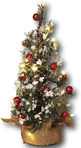 החברות הגרסון 18 עץ חג חג המולד של אורן מושלג מואר עם פינקונים וגרגרים ובסיס יוטה ~ אורות לבנים ~ טבלה עליונה ~ סוללה מופעלת
