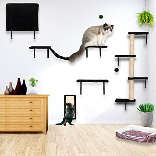 5 יחידות קיר רכוב חתול מטפס סט, מודרני עץ מקורה חתול ריהוט, חתול קיר מדפים כולל חתול בית, חתול גשר, חתול עץ, חתול קפיצות פלטפורמת חתול