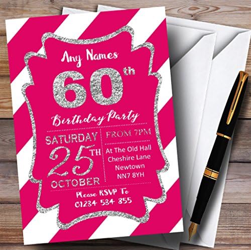 פסים אלכסוניים לבנים ורודים כסף 60 הזמנות למסיבת יום הולדת בהתאמה אישית