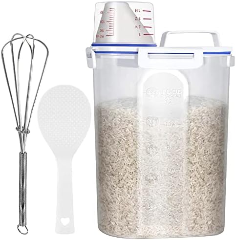 מיכלי אורז אטומים, מתקן סל 3 ליטר חינם עם זרבובית מזיגה, כוס מדידה לדגנים, קמח ודגנים, כולל מטרפה מנירוסטה וכף אורז