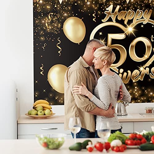 שמח 50 שנה רקע באנר דקור שחור זהב-גליטר אהבת לב שמח 50 שנים חתונה מסיבת יום נישואים נושא קישוטי עבור נשים גברים ספקי