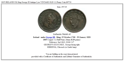 1805 IE 1805 אירלנד בריטניה המלך ג'ורג 'השלישי עתיק לייר וינט 1/2p טוב לא מוסמך