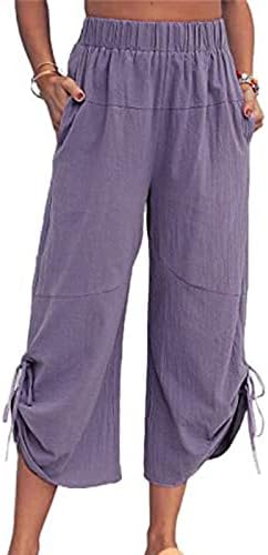 CAPRIS לנשים שרוך מכנסי פשתן תחתון נשים מותניים אלסטיים מכנסיים קפרי מזדמנים צבע מוצק מכנסיים קצוצים