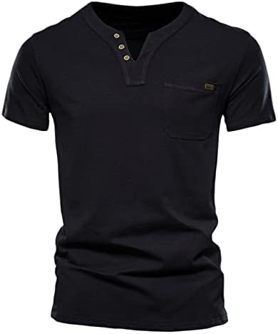 סט שומר Mens Mens אופנה מזדמן צבע אחיד כותנה V כפתור כיס צוואר שרוול קצר חולצה טופ סרבל סיד.