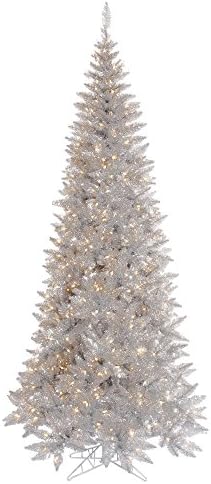 Vickerman 6.5 'Tinsel Tinsel Fire Slim Artificial Christmase, פנסי LED לבנים דוראים חמים - עץ חג מולד פו כסף - עיצוב בית מקורה עונתי