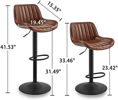 כיסאות בר וולנים סט של 2, כיסאות בר מסתובבים מעור מלאכותי מודרני באמצע המאה גובה מתכוונן, כיסא בר פאב בגובה דלפק עם גב, בסיס מצופה אבקה