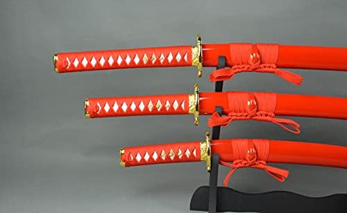 סט של חרבות סמוראים יפניות אדומות קטאנה +וואקיזאשי +טנטו שלוש חרבות T1095 פלדת פחמן גבוהה להב טאנג מלא מאוד חדים מאוד