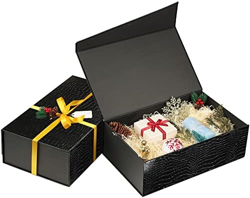 קופסאות מתנה שחורות אלגנטיות 2 מארז 13.5 על 8.5 על 4.5 אינץ', קופסת מתנה מנייר מעור תנין לתיבת הצעת שושבינה, קופסת הצעת שושבינים, קופסת
