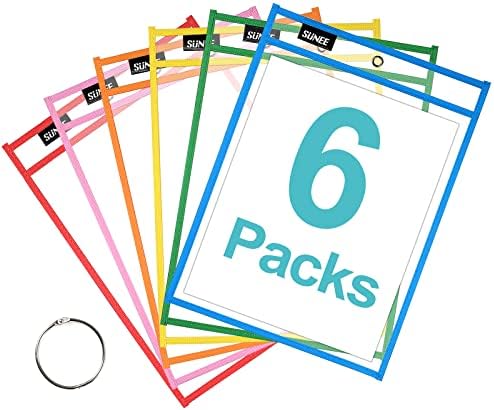 סוני 6 חבילות שרוולי כיס מחיקה יבשים גדולים לשימוש חוזר עם טבעת קלסר, 6 צבעים שונים 10 על 14 מחזיקי כרטיסים, מגיני יריעות פלסטיק שקופים,