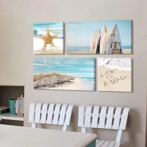 חדר שינה חוף קיר קיר קיר: 4 חלקים סלון אמבטיה מודרנית כחול חוף נוף חוף תמונה טרופית אוקיינוס ​​גל הדפסת ים ים סצנת ציור ציור יצירות עיצוב