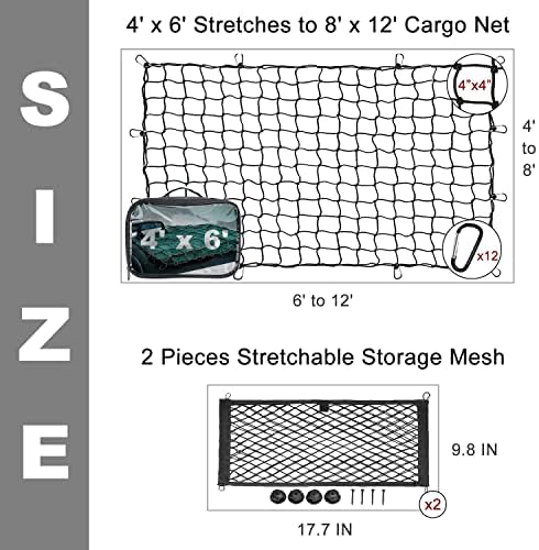 נטו מטען קוטני לטנדר מיטה -4'x6 'רשת כבדה של רשת מרובע מרובע עם 12 קליפים שחורים ושקית אחסון, 2 יחידות 17.7 x9.8 כיס מטען נמתח עם ברגי