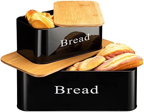 סט פרנטה של 2 קופסאות לחם מתכת לאחסון מטבח קופסת לחם / מיכל / סל / מתנות למטבח ביתי עם מכסה במבוק גדול אחד :16.7 על 9.1 על 5.9 שחור