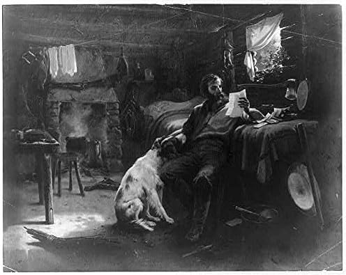 צילום היסטורי: ה-49, גבר, מיטה בתא, מכתב קריאה, יד על כלב, ג1905,הבהלה לזהב, קליפורניה