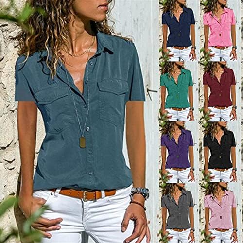 נשים דש שרוול ארוך חולצות חולצות רגיל בתוספת גודל כיסים הקדמיים להנמיך כפתור