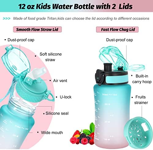 בקבוק מים לילדים אולדלי לבית הספר, בקבוקי מים מפלסטיק טריטן עמידים לשימוש חוזר ללא 12 אונקיות עם מכסי קש וטרטר, כיסוי זרבובית נגד אבק