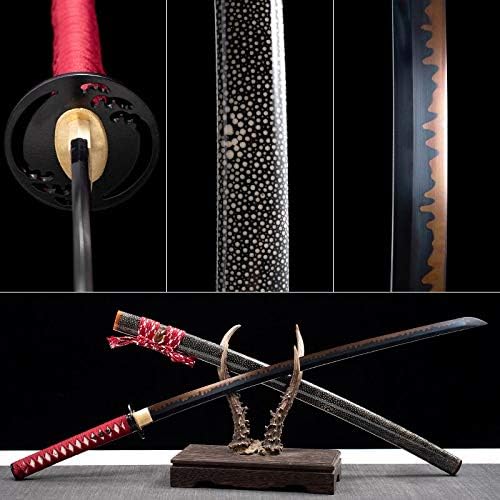 סכין שלג סכין שלג, להבים כתומים ושחורים, טאנג מלא? חרב סמוראית יעילה ואותנטית, בעבודת יד, פלדה T10, חימר מחוסם
