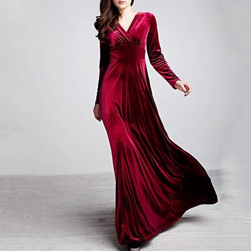 שמלת קטיפה לנשים אלגנטית שרוול ארוך עם צוואר מקסי שמלת אופנה שמלת נשף מסיבת ערב זורמת