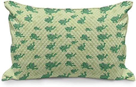 כרית כריות מרופדת של אמבסון, תמונה של חיה מחייכת של חיה ופרחים על רקע ירוק, כיסוי כרית מבטא בגודל קינג סטנדרטי לחדר שינה, 36 x 20, ירוק