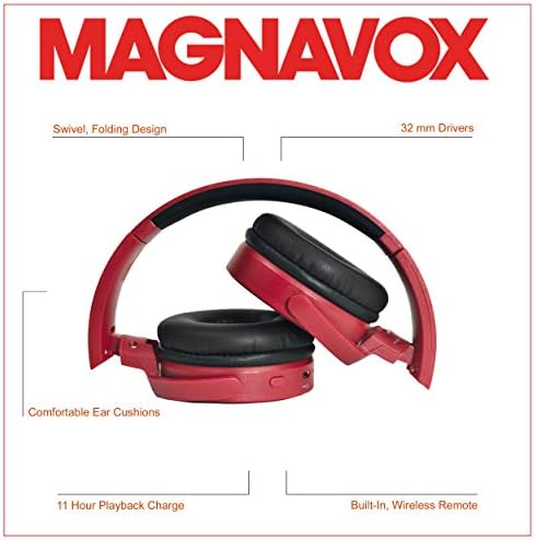 Magnavox MBH542-Rd Bluetooth אלחוטית אוזניות סטריאו מתקפלות באדום