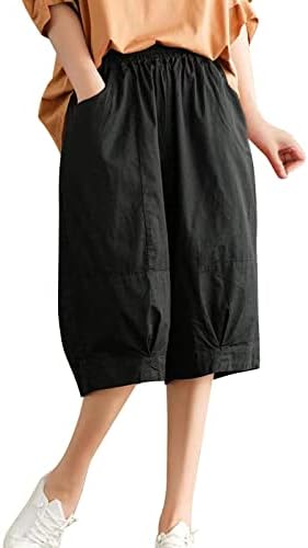 מכנסי קאפרי לנשים, פשתן כותנה נוחות מזדמנת ברגל רחבה רופפת באורך ברך באורך ברמודה מכנסי ברמודה לנשים