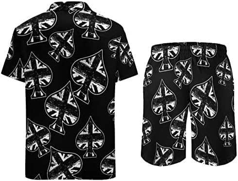 דגל בריטי שחור כדורי דגל אייס פוקר בגברים 2 חלקים תלבושות חוף כפתור הוואי למטה חולצה עם שרוול קצר וחליפות מכנסיים קצרים