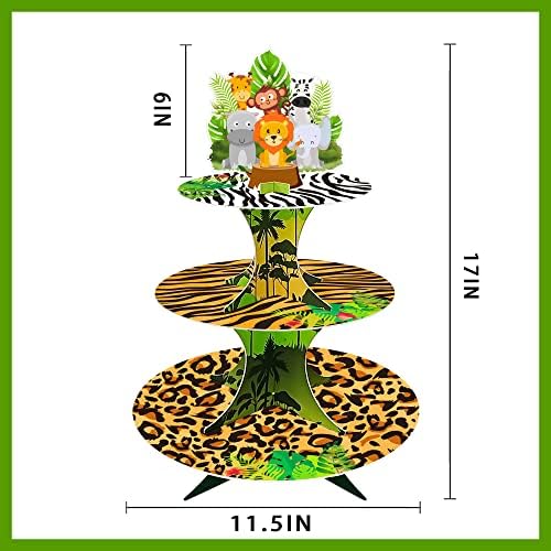 דוכן קאפקייקס ספארי בג'ונגל 3 שכבות, מחזיק קינוח חיות בר ליער ג'ונגל ספארי יום הולדת מקלחת תינוק מרווה קישוטים למסיבות ירוקות ציוד ל -24