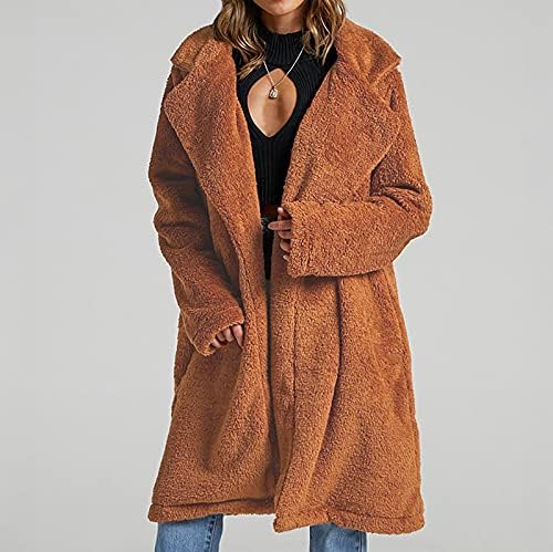 ארוך חורף מעילי נשים חם מוצק צבע דובון צמר אופנה דש ארוך שרוול מעיל שאגי קרדיגן להאריך ימים יותר
