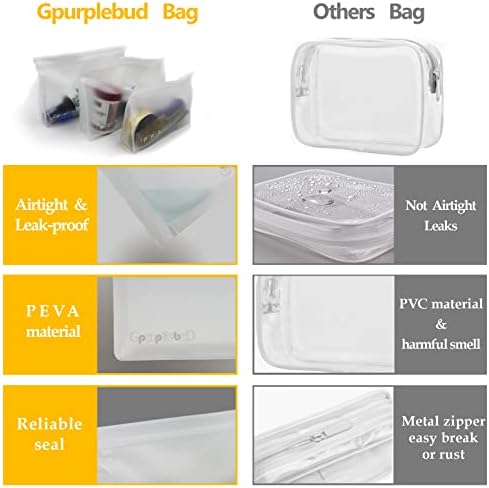 Gpurplebud 6 חבילה שקיות טואלטיקה ברורות, חומר Peva עמיד בפני דליפות TSA 3-1-1 שקיות רוכסן בגודל רווארט מאושר, תיקי קוסמטיקה מאושרים על