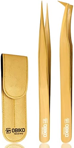 אוביקו ריס הארכת פינצטה סט-2-חתיכה זהב ישר ומעוקל פינצטה סט לנשים, אידיאלי עבור יישום מדויק ותיקון
