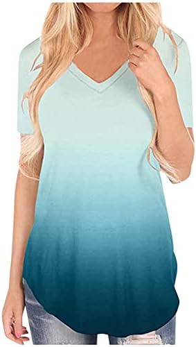 חולצת טריקו של צבע שיפוע אופנה של אילוגו לנשים שרוול קצר חולצות צווארון V רופפות טי-חולצת טוניקה חולצות טוניקה חולצות טוניקה