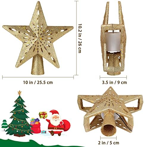 טופר עץ חג המולד של כוכב Clispeed עם מקרנים של 2 יחידות, נצנצים נוצצים טופר עץ מואר חלול עם מקרנים צבעוניים מסתובבים תלת -ממדיים לעץ חג