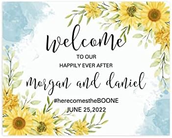 ברוך הבא לשלט שלנו בשמחה אי פעם חתונה שלט ברוך הבא עם פרחי חמניות בהתאמה אישית שמות זוגיים ותאריך חתונה זוג לבן חווה בית חתונה שלט 16x20in