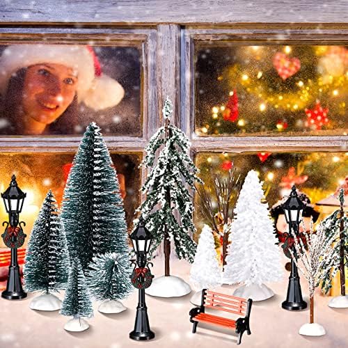 22 יצירות מיני עץ חג מולד מלאכותי סט חלבית עצי אורן חג המולד שלג עצים מכוסים עצי כפר, 4 חתיכות פוס