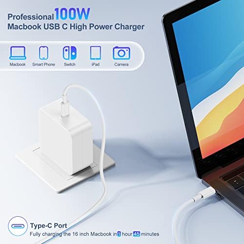 מטען Pro Pro של 100W Mac עם כבל USB C ל- C 6.6ft C ל- C, GAN PD USB C מתאם כוח מטען קיר מהיר תואם ל- MacBook Pro 16, 15, 14, 13 אינץ ',