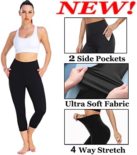 חותלות חדשות של 3 חבילות צעירות חדשות עם כיסים לנשים, מכנסי יוגה בקרת בטן גבוהה במותן, מכנסי יוגה
