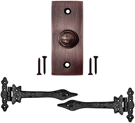 כפתור פעמון דלת אקאטבה עם סט ציר - 2 חתיכות צירי שער לגדרות עץ כבד - כפתור לחיצה על פעמון - כפתור פעמון קווי - צירי אסם לדלתות - צירים