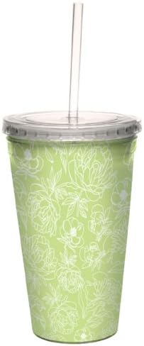 ברכות ללא עצים אדמוניות מצוירות ביד על ירוק מאת קרולין גאווין מטייל אומנותי כוס מגניבה כפולה עם קש לשימוש חוזר, 16 גרם
