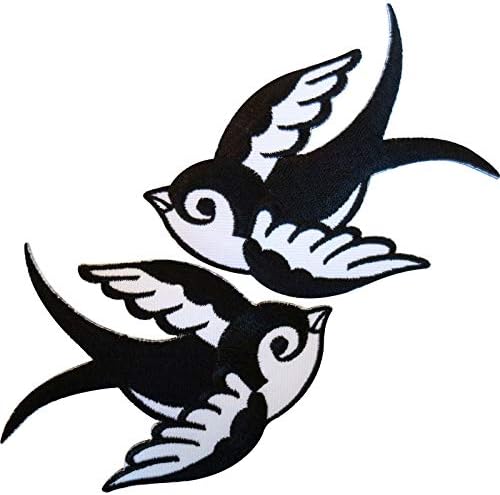 זוג ברזל לבן שחור תפור על אופנוען ציפורי ציפורים רקמות על טלאי סנונית