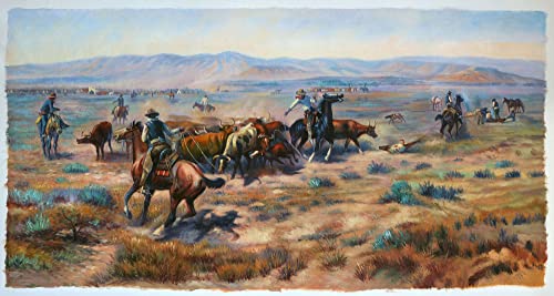 ה- Round-Up-צ'רלס מריון ראסל צבוע ביד ציור שמן רבייה, נוף מערבי אמריקאי, בוקרים חבלים בקר, סצנת חווה