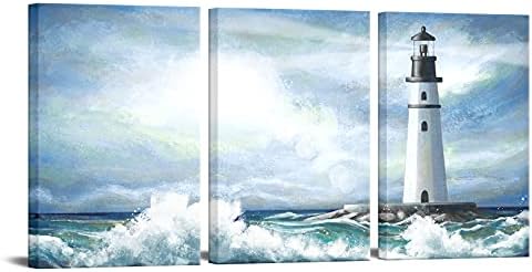 SIMIWOW 3 קטעים קיר קיר אמנות מגדלור תמונת עיצוב אוקיינוס ​​ציור ציור אמנות הדפסים ממוסגרים יצירות אמנות מקלטים לחדר שינה לחדר שינה