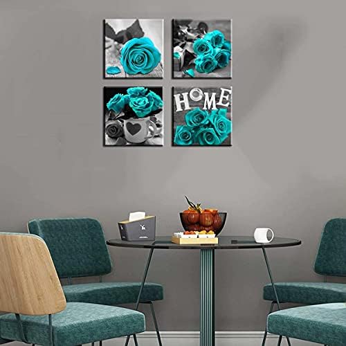 Byllyaz Teal Worn Wall Art Canvas כחול 4 חלקים לעיצוב הסלון עכשווי פרחי טורקיז עכשוויים מדפיסים תמונות יצירות אמנות מטבח משרד קיר עיצוב