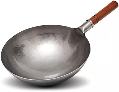 סיני מסורתי יד הוכה ווק אין ציפוי ברזל ווק עם ידית עץ שאינו מקל מחבת מטבח כלי בישול