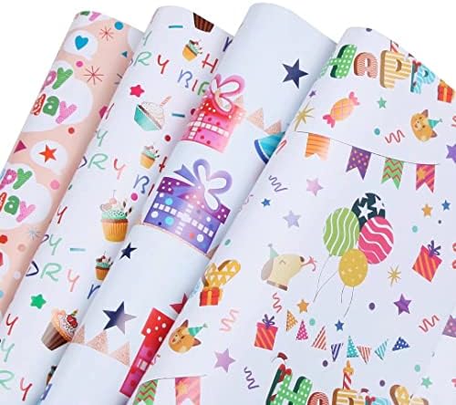 נייר עטיפת יום הולדת לילדים 8 גיליונות שטוחים מקופלים, גיליון גלישת מתנה לבנות בנים, 39.4 אינץ 'על 27.2 אינץ' לגיליון, בלונים מכתבי יום