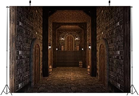 BELECO 20X10ft בד ימי הביניים תפאורה מסדרון פונדק עתיק עם קירות אבן לבנים פנסים חביות עץ רקע טירה קסומה מקסימה לקישוטים למסיבות סטודיו