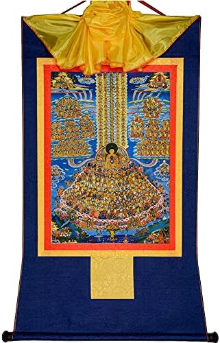 גנדאנרה שאקיאמוני על עץ מקלט,המרה של גאוטמה בודהה, אמנות ציור טנגקה טיבטית, ברוקד טנגקה בודהיסטי, שטיח בודהה עם גלילה