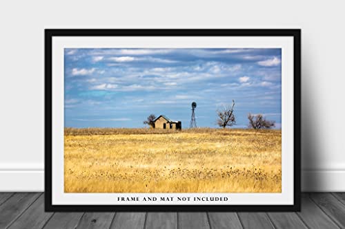 צילום כפרי הדפס תמונה של בית נטוש וטחנת רוח בשדה הזהב ביום האביב באוקלהומה גרייט פליינס וול ארט בית חווה תפאורה 4 על 6 עד 40 על 60