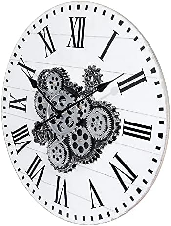 LaFocuse 23 אינץ 'עץ ריאה נעה אמיתית שעון קיר לבן, שעון קיר בית חווה גדול לעיצוב סלון, שעון Steampunk וינטג' שעון מטבח כפרי, שעון תעשייתי